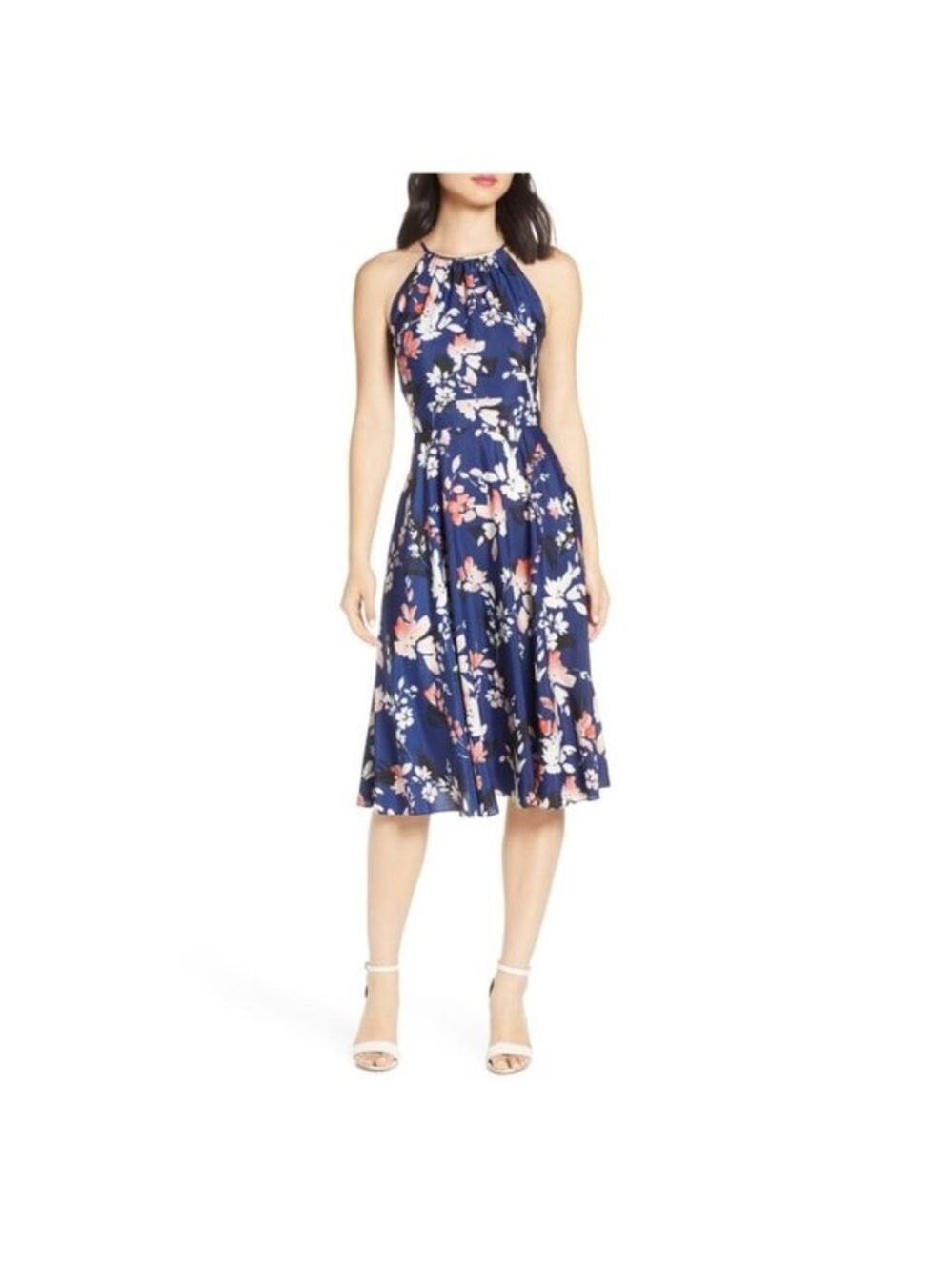 ELIZA J Floral Halter Crêpe de Chine Midi Dress